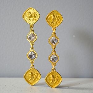 22k Matte Gold Regal Royal Lion Coin Headlight Crystal Long Dangle Earrings